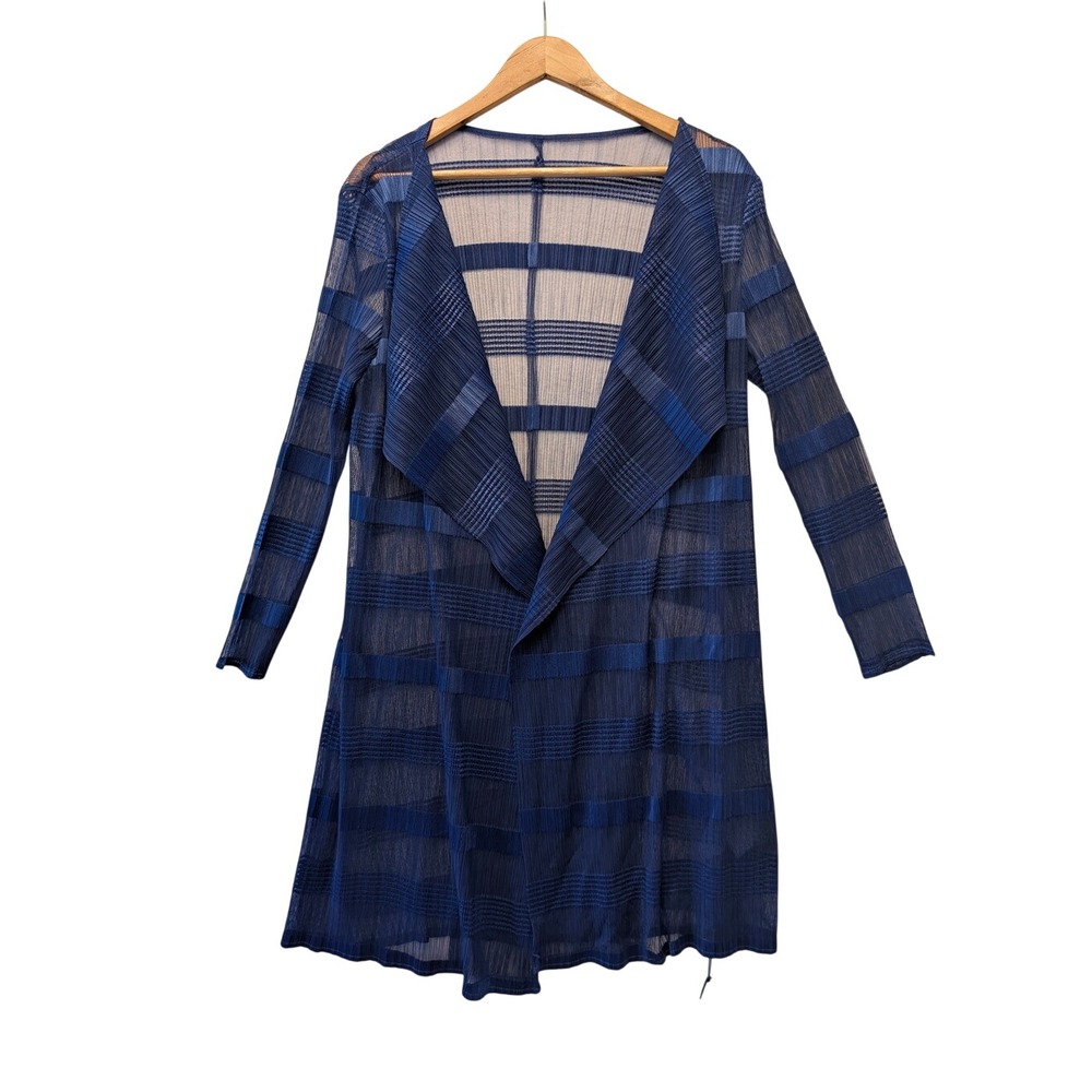 Vanite Couture Cardigan Womens OS Royal Blue NWT Pleated Sheer Mesh Long Duster